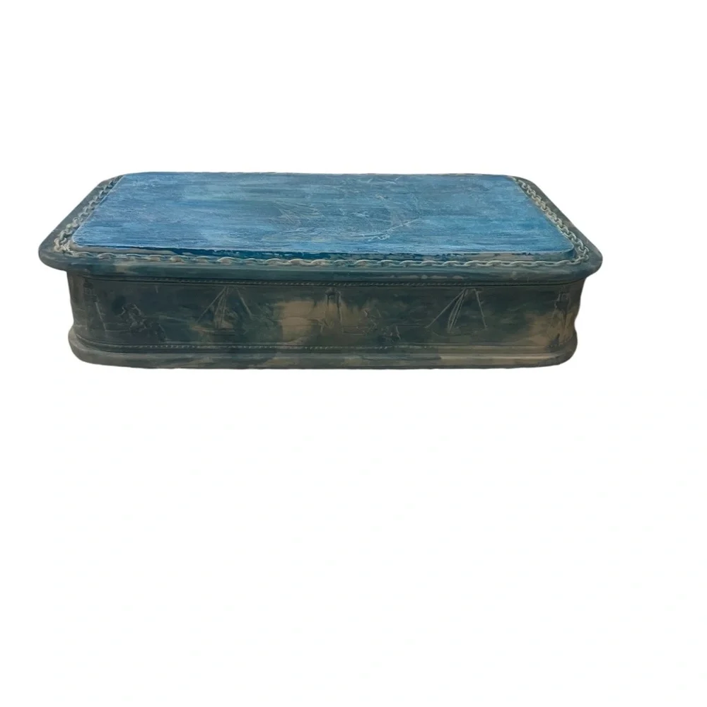 INCOLAY‎ CARVED NAUTICAL SCENES STONE BLUE &  WHITE LIDDED BOX RECTANGULAR